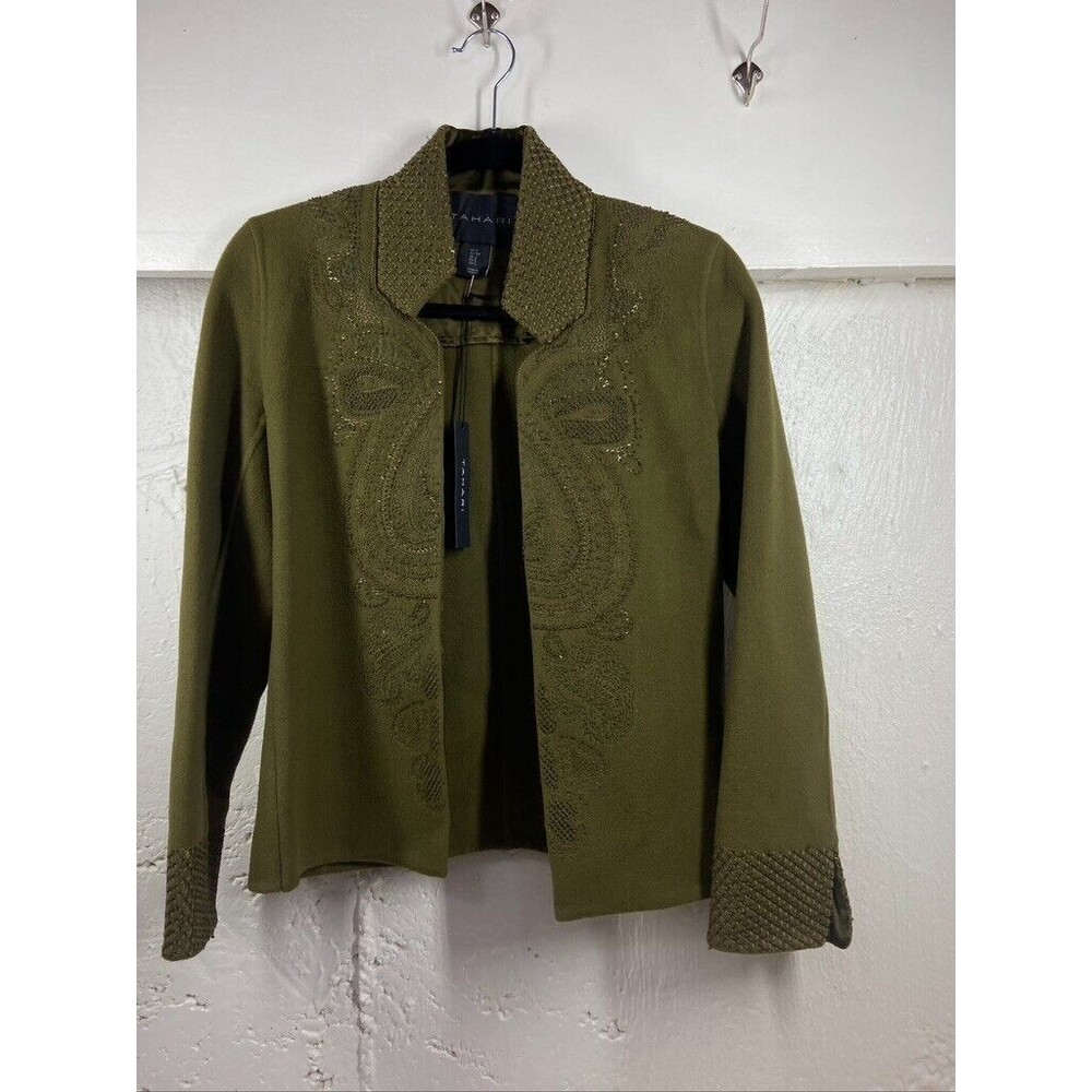 TAHARI WOMENS SMALL GREEN EMBROIDERED WOOL SHORT OPEN FRONT JACKET NEW